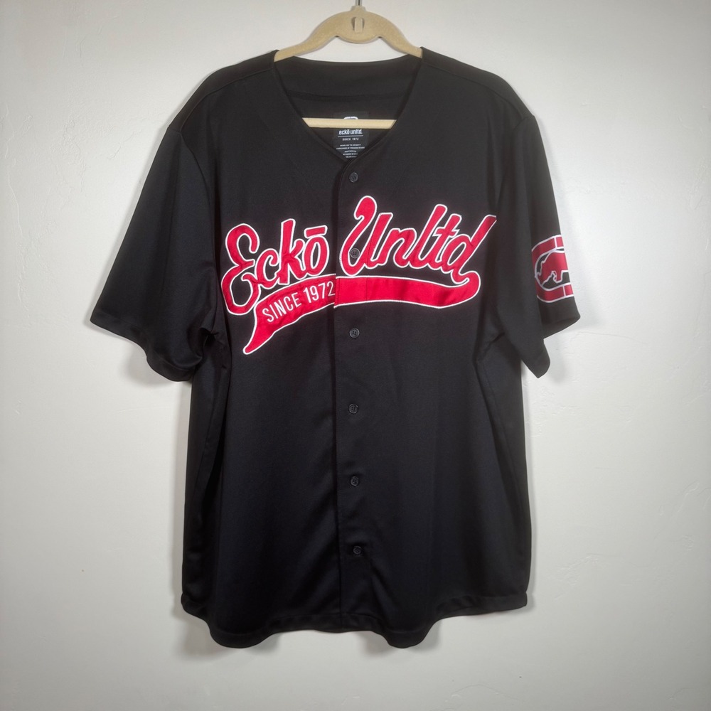 Ecko Unltd Mens Baseball Jersey Black Red Rhino Logo 3XL Y2K Hip-Hop Streetwear